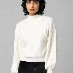 ONLY Women Off White JDYKERA L S CABLE SLEEV Pullover with Embellished Detail-picture-22