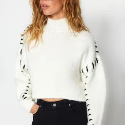 Trendyol Cable Knit Self Designed High Neck Crop Pullover-picture-13