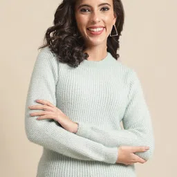 Cantabil Women Sea Green Round Neck Ribbed Pullover-image-0