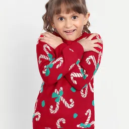 YK Girls Red & White Christmas Candy Printed Pullover image 1