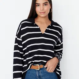 Trendyol Striped Printed V-Neck Long Sleeve Acrylic Pullover Sweaters-picture-9