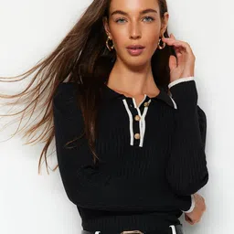 Trendyol Self Designed Ribbed Shirt Collar Pullover-picture-26