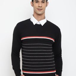 Cantabil Men Black & White Striped Wool Round Neck Pullover-picture-38