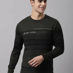 Cantabil Men Olive Green & Black Striped Round Neck Pullover-image-63
