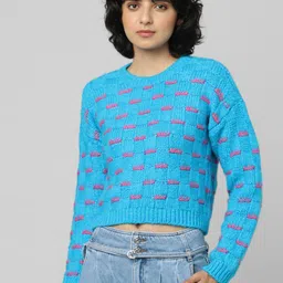 ONLY Women Blue & Purple Cable Knit Crop Pullover-picture-30