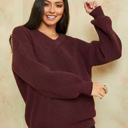 Styli Women Purple Oversized V Neck Knitted Regular Length Sweater-image-16