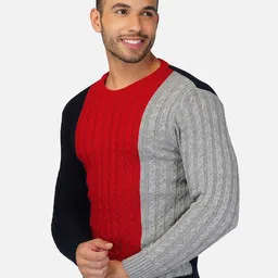 JoE Hazel Men Navy Blue & Red Colourblocked Pullover image 4