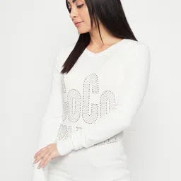 Camey Typography Printed Round Neck Long Sleeves Embellished Wool Pullover Sweater image 2