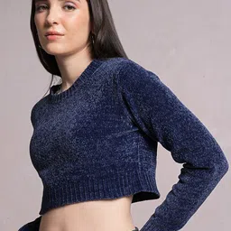 Tokyo Talkies Navy Blue Long Sleeves Cropped Acrylic Pullover image 2