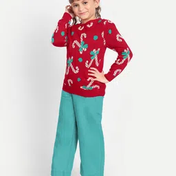 YK Girls Red & White Christmas Candy Printed Pullover image 4