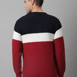 Cantabil Men Red & White Colourblocked Long Sleeves Wool Pullover image 5