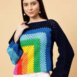 Velvery Women Geometric Printed Round Neck Pullover Sweaters-image-2