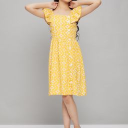 Stylo Bug Girls Floral Printed Square Neck Flutter Sleeves Cotton A-Line Dress-picture-17