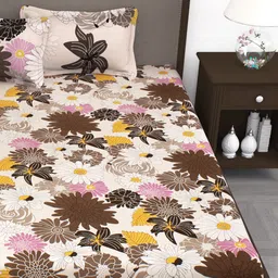 Story@home Beige Brown Floral Flat 210 TC 1 Double King Bedsheet with 2 Pillow Covers image 3