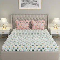 Raymond Home White & Yellow Floral Cotton 144 TC Queen Bedsheet With 2 Pillow Covers image 2