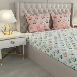 Raymond Home White & Yellow Floral Cotton 144 TC Queen Bedsheet With 2 Pillow Covers image 3