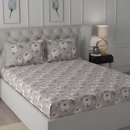 MASPAR Pink & Grey Floral Printed 144TC Cotton Single Bedsheet With 2 Pillow Cover-picture-26