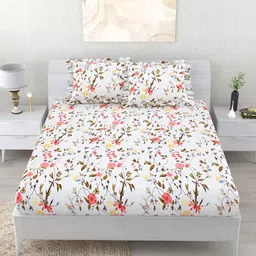 Aura White & Pink Floral 260 TC Fitted King Bedsheet With 2 Pillow Covers-image-85
