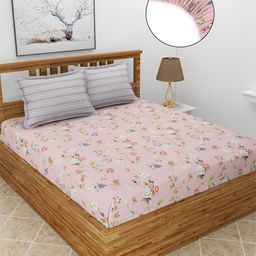 MORADO Pink & Green Printed Fitted 210 TC King Bedsheet with 2 Pillow Covers-picture-9
