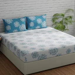 Huesland Comfort White & Blue Printed 144 TC Cotton King Bedsheet & 2 Pillow Covers-image-29