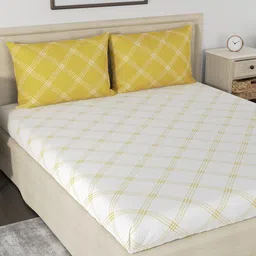 Huesland Aspire White & Yellow Geometric 186 TC Cotton King Bedsheet With 2 Pillow Covers-image-39