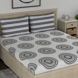 Huesland Aspire White & Black Geometric 186 TC Cotton King Bedsheet With 2 Pillow Covers-image-41