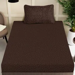FABINALIV Coffee Brown Floral 300 TC Embossed Fitted Single Bedsheet with 1 Pillow Covers image 4