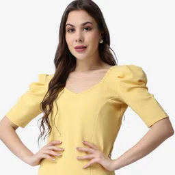 Popwings Women Yellow Sweetheart Neck Puff Sleeves Top-image-0