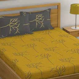 Huesland Yellow & Grey Floral 144 TC Cotton King Bedsheet with 2 Pillow Covers-picture-0