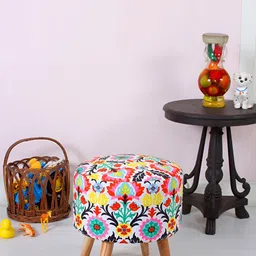 Shadowkart Blue & Yellow Printed Round Stool Ottoman-image-21