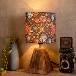 Black Floral Stitch Pyramid Multicolor Canvas Shade Table Lamp With Brown Base By Green Girgit image 1