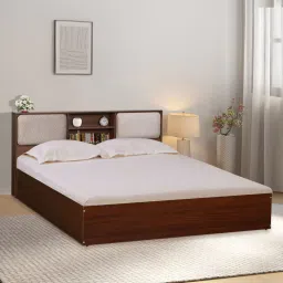 mintwud from pepperfry Yokohama King size Bed in Planked Walnut Finish with Hydraulic Storage & Upholstered Headboard Storage image 1