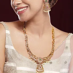 Rubans 22K Gold-Plated Emerald, Ruby Pink & Cubic Zirconia Jewellery Set with Pearl Beads-picture-49