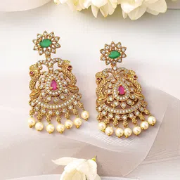 Rubans 22K Gold-Plated Emerald, Ruby Pink & Cubic Zirconia Jewellery Set with Pearl Beads image 5