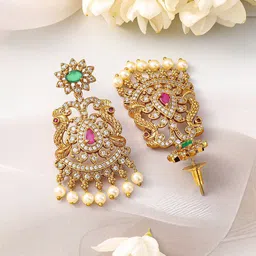Rubans 22K Gold-Plated Emerald, Ruby Pink & Cubic Zirconia Jewellery Set with Pearl Beads image 2