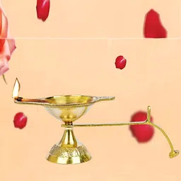Kuber Industries Beige Textured Brass Pooja Diya With Handle-picture-17