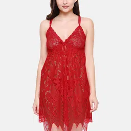 FashionRack Maroon Net Baby Doll with Asymmetric-image-3