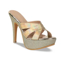 VALIOSAA Gold-Toned Textured Party Platform Sandals 5 Inch Heels-image-85