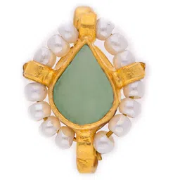 MORKANTH JEWELLERY Gold-Plated White & Sea Green Kundan Studded & Pearls Beaded Nose Pin image 3