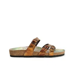 ELLE Textured Leather Open Toe Flats With Buckles image 4