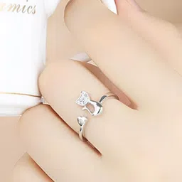 MYKI Sizzling Silver-Plated Cubic Zirconia Stone Studded Cat Design Adjustable Finger Ring image 5