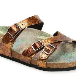 ELLE Textured Leather Open Toe Flats With Buckles image 3