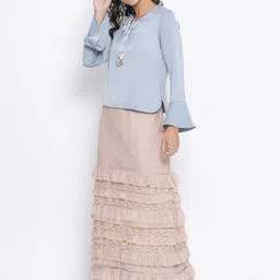 LELA Women Beige Net Maxi Skirt with Frills image 5