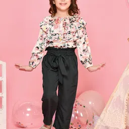 LilPicks Girls Beige & Green Floral Printed Frilled Top with Trousers-image-68