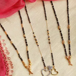 ZENEME Women Set Of 3 Gold-Plated Black AD-Studded & Beaded Mangalsutra-image-2