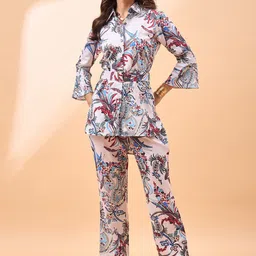 all about you White Floral Printed Shirt With Trouser & Belt image 1