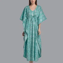 CIERGE Women Blue & White Ethnic Motifs Printed Kaftan Maxi Nightdress-picture-13