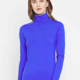 LE BOURGEOIS Blue Solid Turtle Neck Knitted Fitted Top-image-45