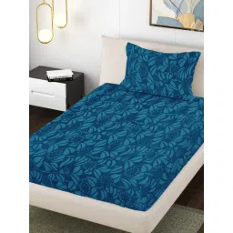 FABINALIV Teal Floral Single Bedsheet with Pillow Cover image 1