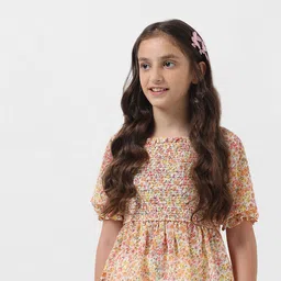 Vero Moda Girls Floral Printed Square Neck Puffed Sleeves Smocking Peplum Top-picture-27
